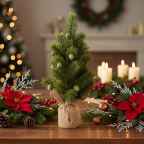 Prodotto Albero di Natale artificiale in sacco di iuta, piccola decorazione da tavolo, mini albero di Natale, 38 cm