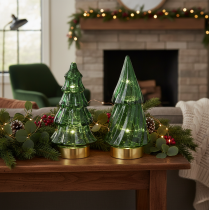 Prodotto Albero di Natale in vetro con luci a LED, decorazione da tavolo, Natale, 13 cm, 2 pezzi
