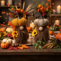 Prodotto Statuetta autunnale: gnomo di zucca con girasole e barba, 16 cm, 2 pezzi.