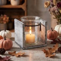 Prodotto Portacandele in vetro con cornice in legno rustico – grigio e bianco, 10x9x10 cm – Incantevole decorazione da tavola