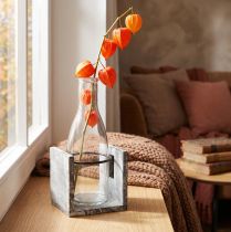 Prodotto Vaso in vetro con supporto in legno grigio, 20 cm. Decorazione rustica con bottiglia in vetro.