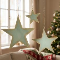 Prodotto Stelle in legno per appendere la decorazione della finestra oro menta 12/20/26 cm set da 3