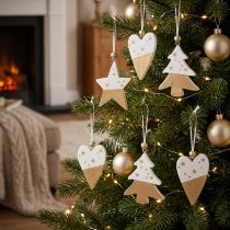 Prodotto Decorazioni natalizie, stella, albero e cuore in legno, 6 pezzi, ciondoli decorativi bianchi e oro