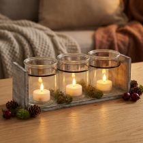 Prodotto Contenitore rustico in vetro su supporto in legno grigio e bianco - 27,5x9x11 cm - Soluzione versatile per riporre e decorare
