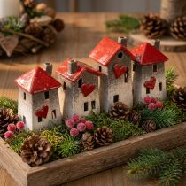 Prodotto Romantiche casette in ceramica con motivo a cuori - toni rossi e naturali, 11 cm - decorazione invernale realizzata con cura - 3 pz.