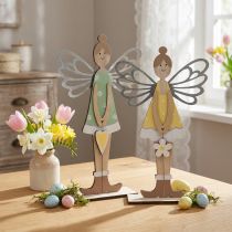 Prodotto Elfo decorativo, decorazione primaverile, fata da posizionare, decorazione in legno verde, giallo H34cm set di 2