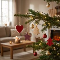 Prodotto Decorazioni per albero di Natale cuore in legno stella albero rosso 4,5 cm 9 pezzi