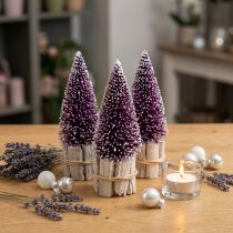 Prodotto Albero di Natale decorativo viola con punta innevata su base rustica in legno da 15 cm, 3 pezzi.