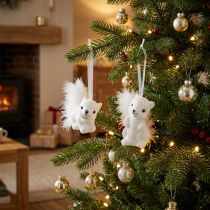 Prodotto Ciondoli scoiattolo bianco da 6 cm con dettagli glitterati e piume - Perfetti per la decorazione festosa dell'albero di Natale - Confezione da 2