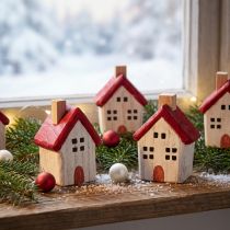 Prodotto Casa di Natale in legno decorazione natalizia bianco rosso 7cm 6 pezzi