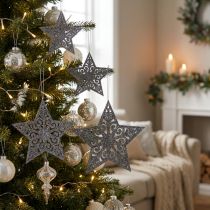 Prodotto Stella di Natale con ornamenti grigio argento assortiti 8 cm - 12 cm 9 pz