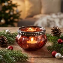 Prodotto Tealight in vetro rosso argento antico con bordo in metallo Ø6cm H3,5cm