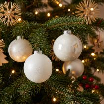 Prodotto Palla di neve, ciondolo per albero, decorazione per albero di Natale, decorazione invernale bianca H6,5 cm Ø6 cm vero vetro 24 pezzi