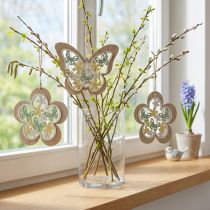 Prodotto Farfalla da appendere, fiore pendente in legno, decoro primaverile con brillantini H11/14,5cm 4pz
