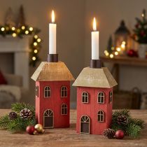 Prodotto Portacandele in legno a forma di casa, con bastoncino rosso, altezza 14,5 cm, 2 pezzi