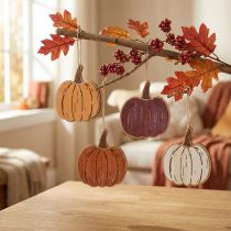 Prodotto Decorazioni a forma di zucca da appendere, decorazioni autunnali in legno, 14,5x13 cm, 8 pezzi