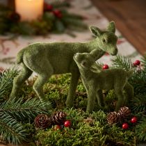 Prodotto Figure decorative di cervo Cervo floccato verde natalizio con cerbiatto in un set H9/5,5 cm 4 pezzi