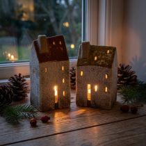 Prodotto Decorazione in ceramica a forma di casetta con camino, portacandele, autunno e inverno, 13 cm, 2 pezzi