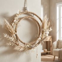 Prodotto Doppio anello decorativo, stile boho, decorazione da parete e da finestra, anello in metallo di iuta, colore argento naturale, Ø41cm