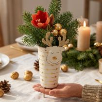 Prodotto Vaso per piante di renne, decorazione dell'Avvento, decorazione in metallo, fioriera per Natale bianco, dorato H28cm Ø8.5cm