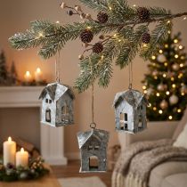 Prodotto Decorazioni natalizie, casetta in metallo, stile shabby chic, colore bianco, altezza 9,5 cm, 3 pezzi