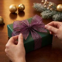 Prodotto Nastro decorativo viola con pois dorati, dimensionalmente stabile, 25 mm, 20 m
