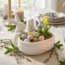 Prodotto Conigli con nido, decorazione da tavola, nido pasquale, decorazione in porcellana, ciotola decorativa bianca L15cm H11cm
