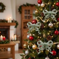 Prodotto Fiocco decorativo per albero di Natale, 9 cm, verde glitterato, 12 pezzi