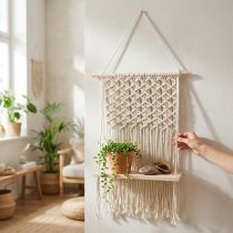Prodotto Portavasi in macramè, stile boho, mensola sospesa, portavasi, decorazione per finestre, tavola di legno, 40x15 cm