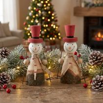 Prodotto Adorabile set di 2 pupazzi di neve in legno con cappelli a cilindro rossi - Decorazione da tavola invernale - Naturale e rosso, 15,5 cm 2 pezzi