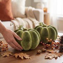 Prodotto Decorazione a forma di zucca floccata, 20 cm, zucca verde, effetto velluto, 2 pezzi