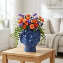 Prodotto Vaso da fiori in poliresina con testa di pianta, blu, 13,5×13×14 cm