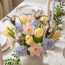 Prodotto Bastoncini decorativi con piume naturali e uova artificiali Decorazioni pasquali 37 cm 12 pezzi