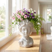 Prodotto Scultura busto femminile in pietra fusa, vaso grigio antico 15×14×25cm