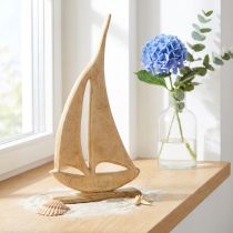 Prodotto Barca a vela in legno su base naturale decorazione da tavolo marittima H42cm