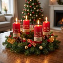 Prodotto Candele dell'Avvento rosse "Merry Christmas" in stearina e cera di colza per decorazioni natalizie, set da 4, 130/60 mm