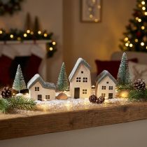 Prodotto Villaggio di Natale casette in legno abeti verdi e bianchi 5-8 cm set da 6