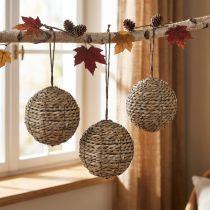 Prodotto Sfere decorative da appendere, in paglia, grigie, Ø15cm, 3 pezzi