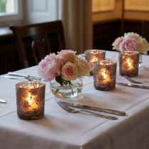 Prodotto Portacandele da tavolo, decorazione con peonie, marrone e argento, altezza 8 cm, 4 pezzi