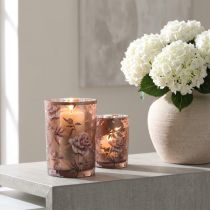 Prodotto Lanterna in vetro marrone argento rosa peonie H18cm