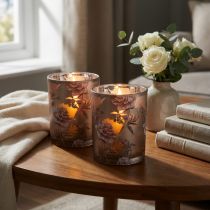 Prodotto Lanterna decorativa in vetro con peonie color argento e marrone H12,5cm 2 pezzi