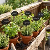 Prodotto Pali per letto Pali da giardino Cartelli in legno ovali neri H17,5 cm Confezione da 12