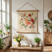 Prodotto Decorazione murale floreale, decorazione murale in stuoia di bambù e legno con corda di iuta, altezza 44 x larghezza 42 cm per soggiorno