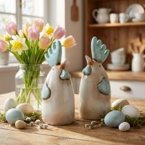 Prodotto Decorazione da cucina in ceramica a forma di gallo, pollo, bianco, blu, marrone, altezza 14,5 cm, 2 pezzi