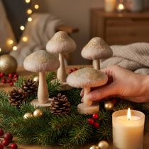Prodotto Funghi decorativi in legno e feltro con glitter, decorazione per il tavolo dell'Avvento, altezza 11 cm, 4 pezzi