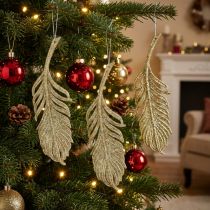 Prodotto Piume decorative, decorazioni per alberi con glitter, decorazioni per l'avvento, piume per appendere dorate L22cm 12 pezzi