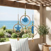 Prodotto Decorazione sospesa carillon marittimo a vento in legno naturale blu H35cm 3pz
