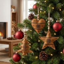 Prodotto Decorazione per albero di natale stella abete cuore similpelle 11cm 3pz