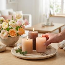 Prodotto Set di 12 candele a colonna color marrone, 70x80 mm, tinte in massa - Perfette per decorazioni, benessere e celebrazioni