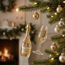 Prodotto Set di ciondoli a forma di bottiglia e calice di champagne, decorazione per albero di Natale, 14 cm, 2 pezzi